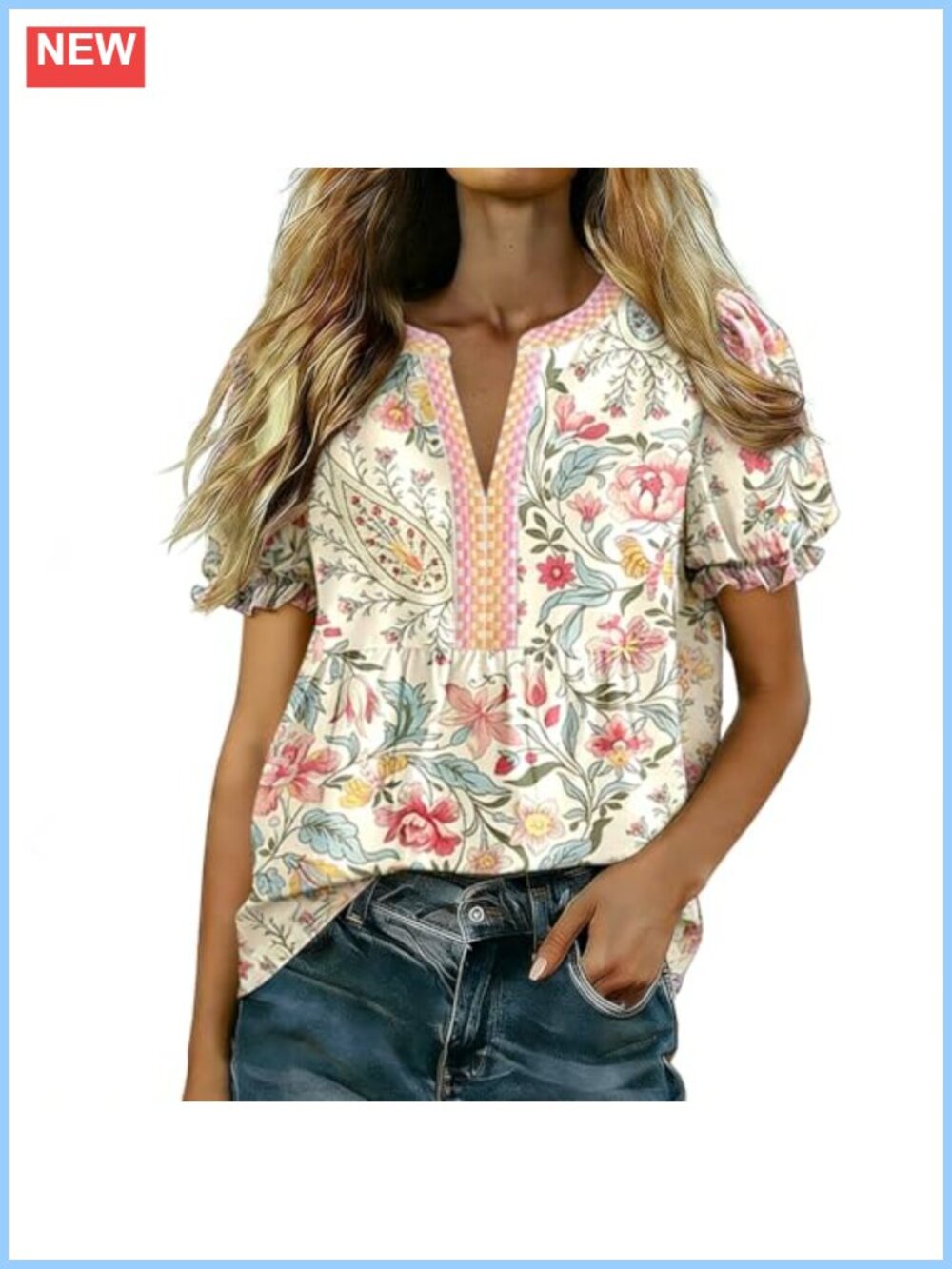 Vintage Floral Paisley Puff Short Sleeve Blouse V-Neck Ruffled Cuff